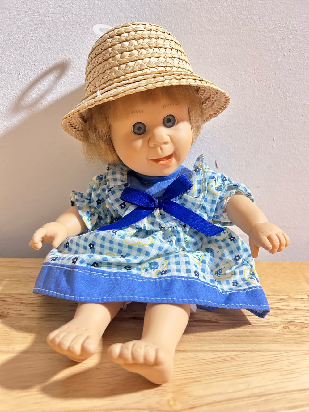 Vintage 1997 Gi-Go Toys Baby Doll Gingham Dress Straw Hat Cottagecore 11"